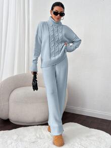 EURMUSE 2pcs/Set High Neck Cable Knit Pullover Sweater And Knitted Long Pants - Baby Blue - View 6