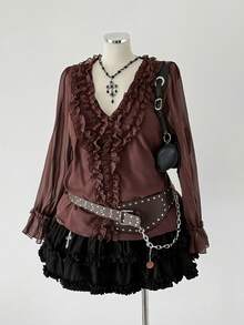 Sunspun Plus Size Women Elegant V-Neck Chiffon Blouse, Suitable For Dates - Brown - View 1