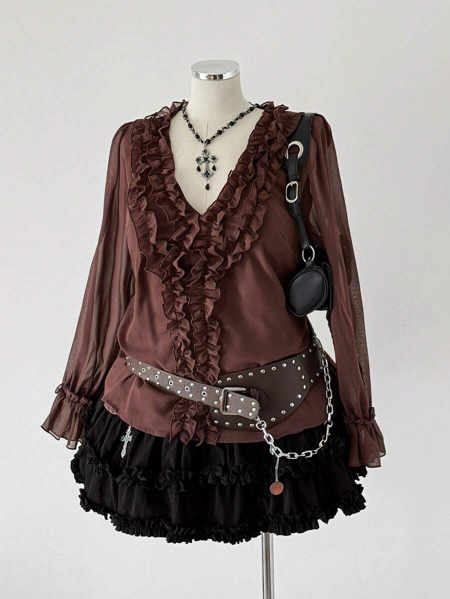 Sunspun Plus Size Women Elegant V-Neck Chiffon Blouse, Suitable For Dates - Brown - View 1