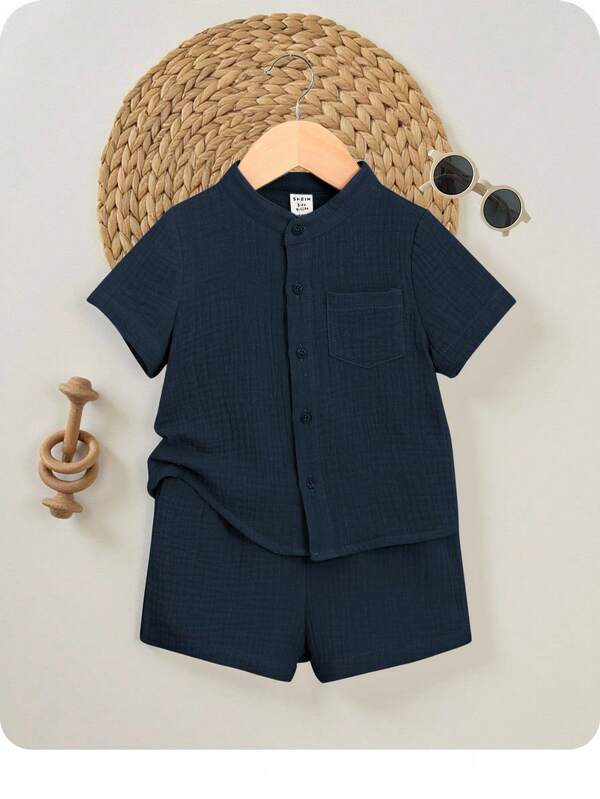 2pcs Baby Boy Black Soft Comfortable All-Match Casual Short Sleeve Polo Shirt And Shorts Set, Suitable For Outings, Banquets And Parties, Summer