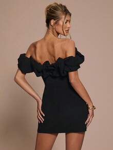 SHEIN BAE 1pc Women's Elegant Off Shoulder Tight-Fitting Black Jumpsuit, Suitable For Cocktail Parties, Romantic Dates, Autumn/Winter Layering, Gatherings, Parties,Valentine's Day,Valentine Outfits For Women - Black - View 2