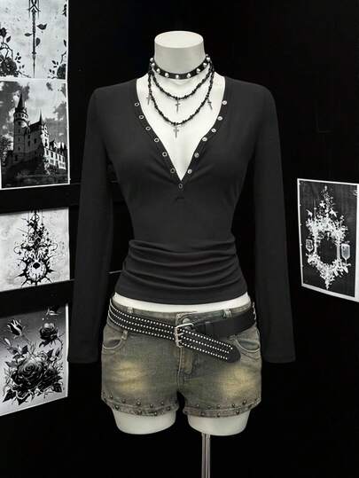 EgrlEra Women's Deep V-Neck Sexy Ribbed T-Shirt, Black, Autumn/Winter Fall Cloth For Women