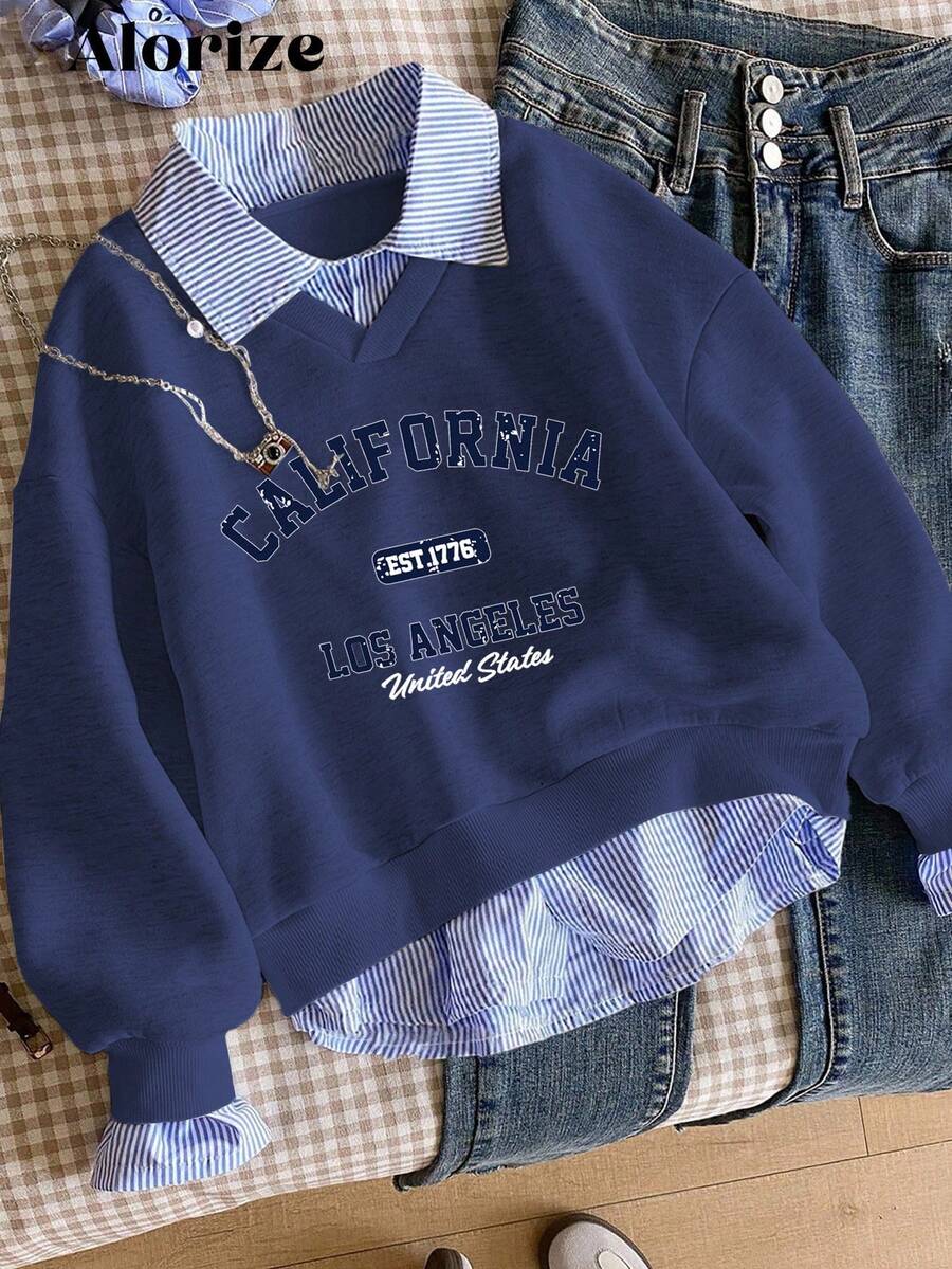 Teen Girl Casual Pullover Sweatshirt, Versatile For School & Commute, 2 In 1 Sweatshirt With Shirt Collar, Numeric & Letter, Leopard Print Pattern, Loose Fit