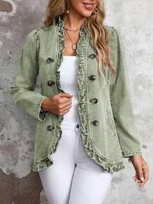 EMERY ROSE Plus Size Vintage Ruched Button Decor Long Sleeve Denim Jacket - Green - View 1