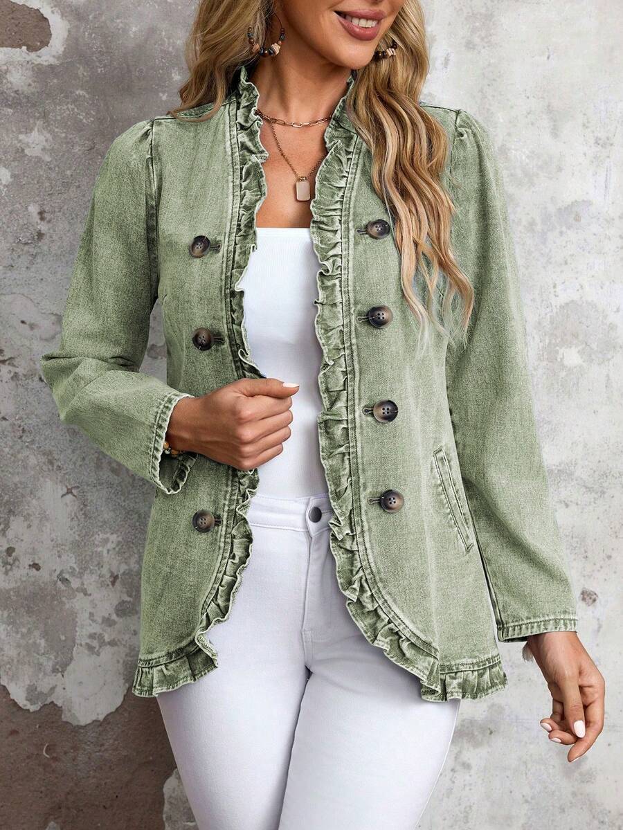 EMERY ROSE Plus Size Vintage Ruched Button Decor Long Sleeve Denim Jacket - Green - View 1