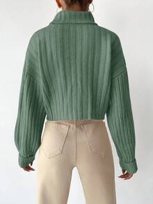EURMUSE Turtleneck Drop Shoulder Ribbed Knit Crop Sweater - Olive Green - View 2
