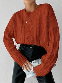 EURMUSE Cable Knit Drop Shoulder Sweater - Burnt Orange - View 5