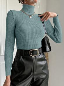 EURMUSE Women's Solid Color Turtleneck Ribbed Knit Sweater - Green - View 3