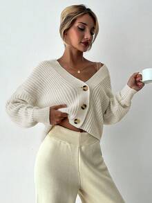 SHEIN Cottnline 女式纯色前扣长袖简约休闲衬衫 - 米色 - 查看 5