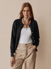 EMERY ROSE Loose Button-Up Round Neck Comfortable Solid Cardigan - Black - View 4