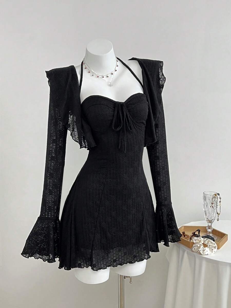 Elamini 2pcs Women's Autumn/Winter Fashion Lace Trim Camisole Top And Lace Neck Tie Waist A-Line Mini Dress Set - Black - View 1