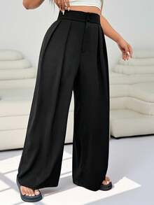 Solflare Plus Size Office Women Outfits,Black High Waist Straight Leg Casual Pants, Minimalist & Stylish For Daily Wear,Spring Summer Clothes In Fall/Winter