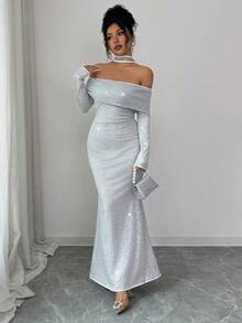 SHEIN Elenzya Đầm dự tiệc nữ trễ vai tay dài, thắt eo, đính sequin sang trọng, lãng mạn, tinh tế - Bạc - Xem 4