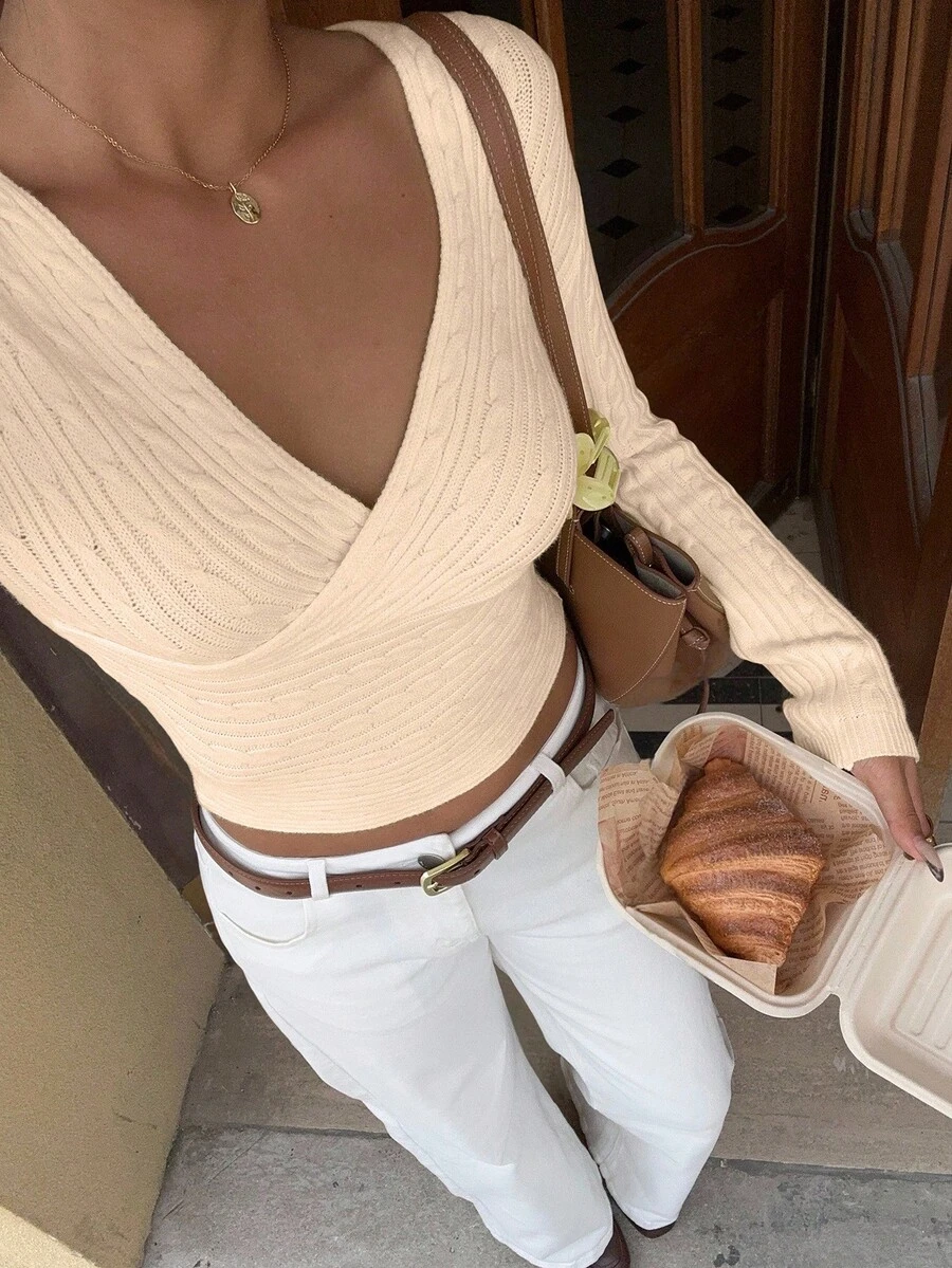 Flirla 女士休闲日常通勤简约纯色 V 领粗针织修身短款套头衫，秋季 - 卡其色 - 查看 1