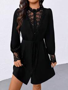 SHEIN PETITE Petite Women Patchwork V-Neck Ruffle Tie Shirt Dress - Black - View 4