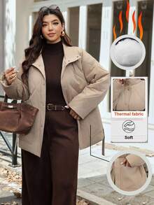 Vionelle Plus Size Big Pocket Quilted Long Sleeve Casual Basic Coat With Belt For Women Winter/Autumn Jacket Outerwear,Hiking Clothes - Khaki - View 9