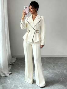 GlowEve 女式休闲撞色腰长袖西装外套和纯色裤子两件套西装套装，秋冬 - 杏色 - 查看 4