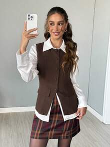 Easowa 女士半身裙 秋季半身裙 复古圣诞格子印花A字迷你裙，休闲通勤优雅格子裙 女士小开衩A字裙 休闲办公室优雅街头风女裙 工作女裙 冬季假日红色半身裙 - 酒紅色 - 查看 4
