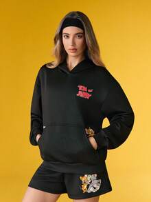 TOM & JERRY X SHEIN Women's Casual Letter & Cartoon Print Hoodie And Shorts 2 Pieces Set, Autumn - Black - View 3
