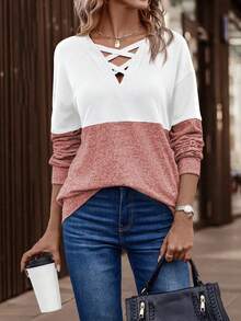 EMERY ROSE Sudadera holgada de estilo casual con parches de colores contrastantes y hombros caídos, para otoño - Multicolor - Ver 1