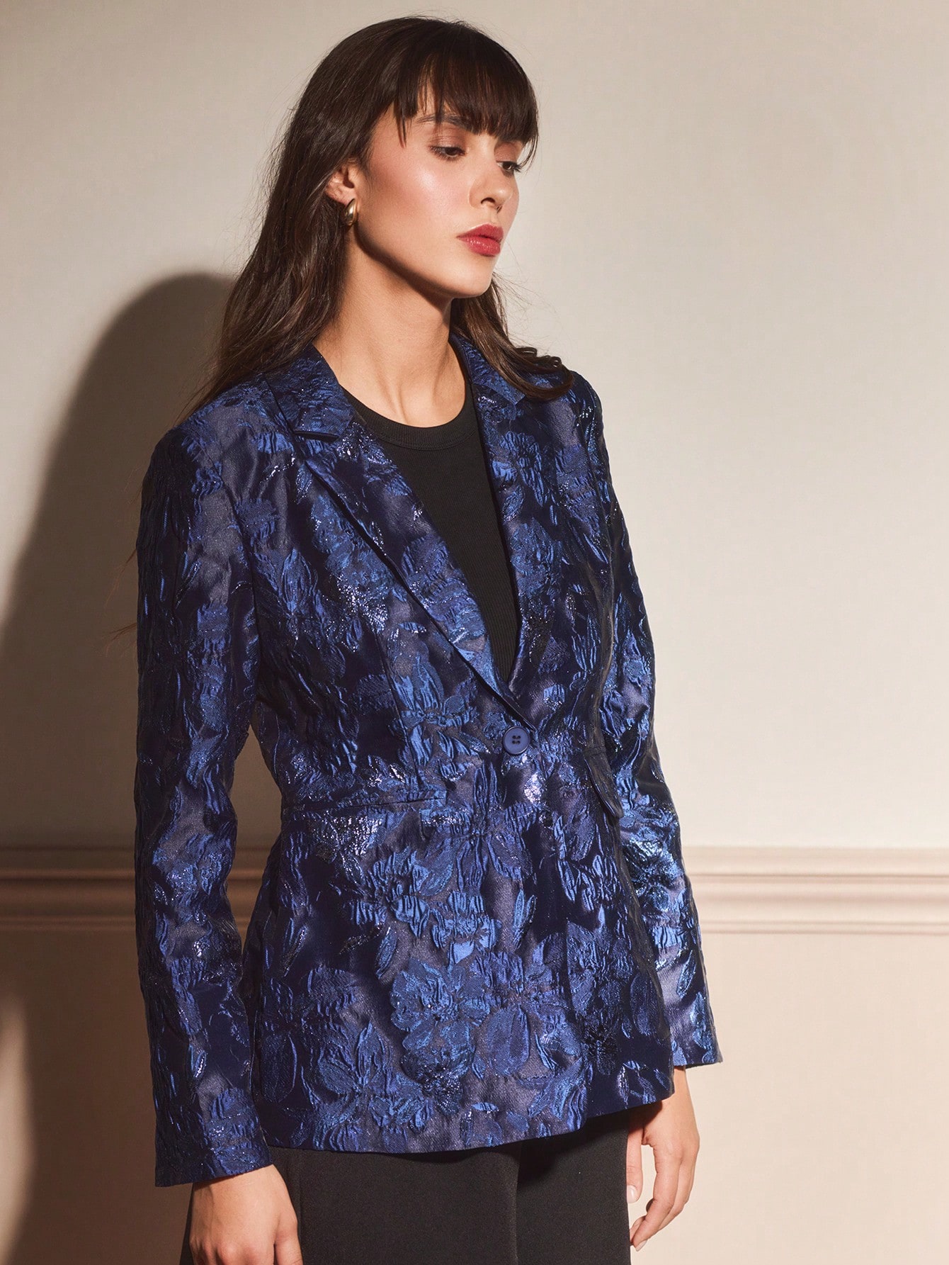 Navy Blue Floral Jacquard Fitted Blazer With Single Button Closure Chic Evening Style Autumn Winter