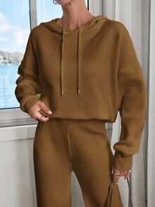 EURMUSE 女士纯色落肩连帽套头衫和毛衣裤套装 - 駝色 - 查看 7