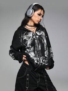 ROMWE Grunge Punk 女式休闲朋克圣母玛利亚与荆棘印花抽绳连帽羊毛运动衫，秋冬 - 黑色 - 查看 7