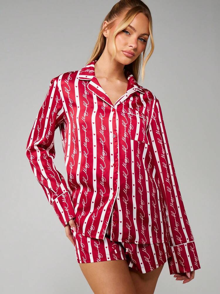 MISSGUIDED Ensemble de pyjama de Noël Chemise à manches longues avec boutons et short assorti. Vêtements de nuit et de détente pour les fêtes