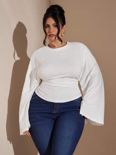 SHEIN BAE Maglietta casual con maniche a sbuffo, vita arricciata e colore unito, taglia comoda, autunnale