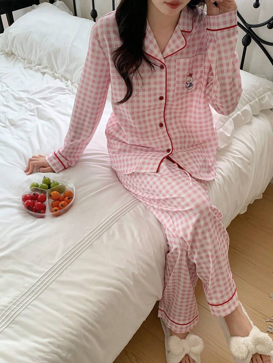 Teen Girls Casual Pink Plaid Rabbit Pattern Loose Fit Contrast Trim 2 Pieces Pajama Set Pajamas Women Set Button Up Pajama Set Pyjama Women