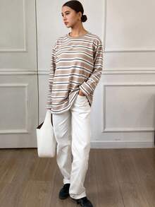 DAZY 女士条纹宽松圆领落肩长袖休闲T恤 - 卡其色 - 查看 4