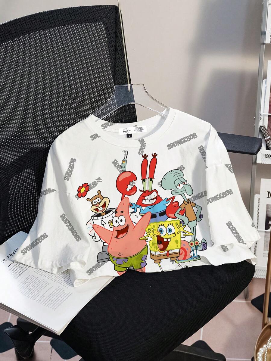 SpongeBob SquarePants | SHEIN Women's Casual Cute Cartoon Pattern Round Neck Short Sleeve Cropped T-Shirt, Summer - White - View 1