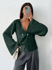 SHEIN Tall Cardigan avec encolure en V, boutonnage devant, épaules tombantes, couleur unie, pour femmes grande taille