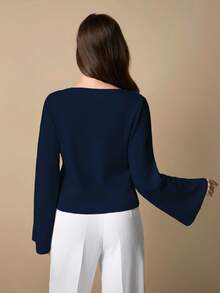EURMUSE Cárdigan de mujer talla petite con cuello en V, abotonado delantero y hombros caídos en unicolor - Azul Marino - Ver 2