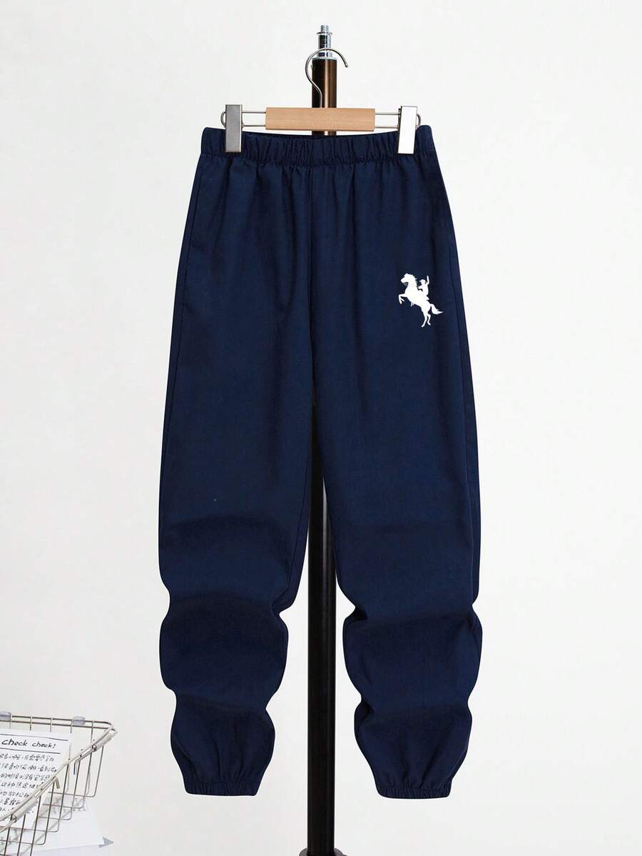 SHEIN 青少年男童休闲印花裤，适合街头、朋克、摇滚、校园、日常穿着、派对、音乐节等场合，春夏皆宜，藏蓝色运动裤，宽松裤型，嘻哈裤，休闲裤，秋冬皆可穿着。 - 藏蓝色 - 查看 1