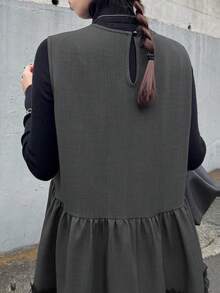 FRIFUL Women's Solid Color Mesh Patchwork Round Neck Sleeveless Dress