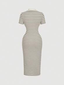 SHEIN MOD Váy dài vừa vặn cổ polo kẻ sọc thường ngày khi đi làm - Nhiều màu - Xem 2