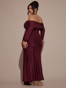 SHEIN BAE 大码女式酒红色长款褶饰金属装饰派对迷你连衣裙，露肩长袖连衣裙，适合秋冬季 - 酒紅色 - 查看 5