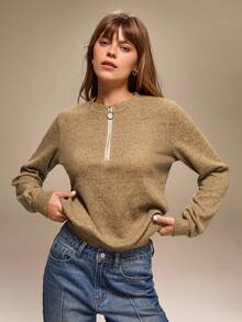 Hanevo Women's Casual Solid Color Zipper Half-Zip Long Sleeve Sweatshirt - Mocha Brown - View 4