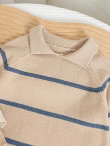 SHEIN 新生男婴/女婴条纹 Polo 领长袖连体衣，温暖时尚，适合秋冬季，幼儿园儿童毛衣 - 彩色 - 查看 6