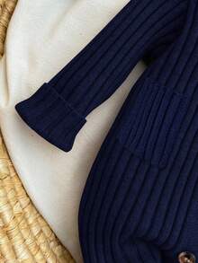 SHEIN 新生女婴可爱秋冬针织连体衣，带连脚裤和帽子套装，百搭 - 藏蓝色 - 查看 6