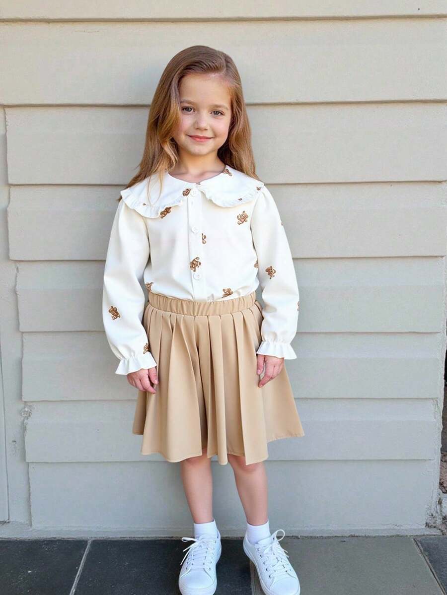 Elladie kids Bộ 2 áo sơ mi in hình gấu và chân váy xếp ly cho bé gái - Màu tím - Xem 1