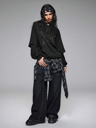 Grunge Punk Sudadera con capucha con tachuelas en forma de corazón, estilo punk grunge