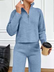 EURMUSE 2pcs Ladies' Solid Color Zip Front Long Sleeve Sweater And Knitted Long Pants Set - Dusty Blue - View 5