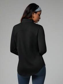 Dewbera Black Long - Sleeve Fitted Sports Polo Shirt For Women, Half - Zip Stand - Up Collar + Striped Design, 4 - Way Stretch Breathable & Quick - Dry, Versatile For Golf/Tennis/Daily Activities In Autumn & Spring - Black - View 2