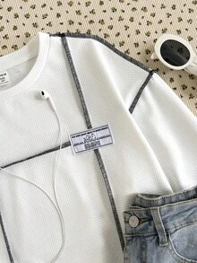 SHEIN Sudadera holgada y casual minimalista y cómoda con cuello redondo, decoración de línea de color contrastante y diseño dividido para niña preadolescente, ropa de otoño e invierno - Blanco - Ver 4