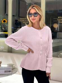 EURMUSE Women Solid Color Front Button Round Neck Cardigan,Cardigans,Long Cardigans Woman,Petite,Tall - Baby Pink - View 3