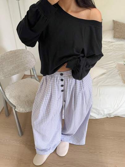 Dazy Plus 大码女式休闲宽松不对称领口上衣和格子裤睡衣套装，春秋季、秋冬季服装