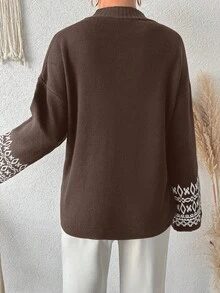EURMUSE Suéter de punto con patrón geométrico para mujer, otoño e invierno - Marrón Chocolate - Ver 2