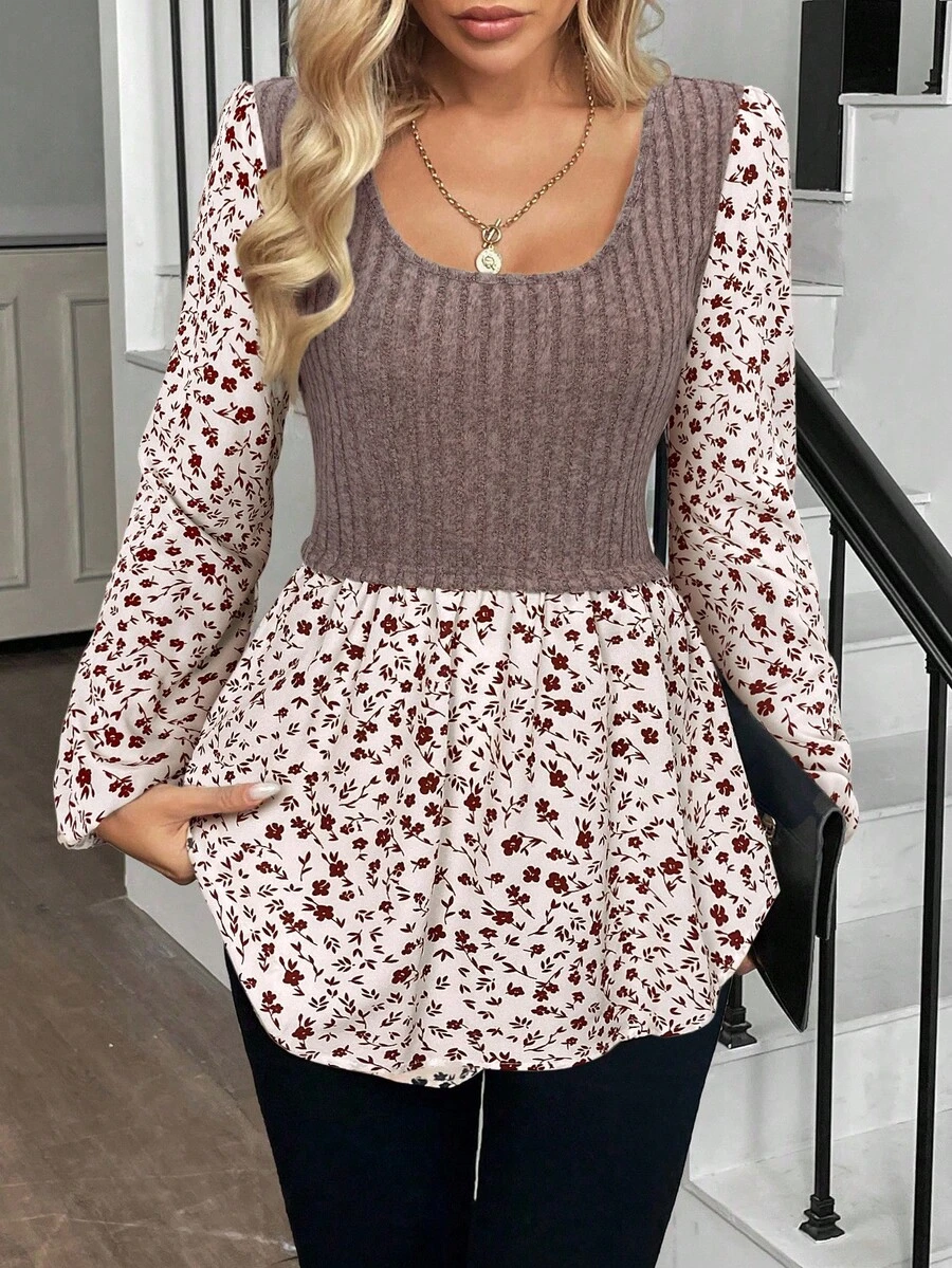 SHEIN LUNE Áo dệt kim tay phồng cổ chữ U, vạt cong, dáng chữ A họa tiết hoa nhí LUNE dành cho nữ, thích hợp cho mùa xuân/hè, phong cách thường ngày. - trắng - Xem 1